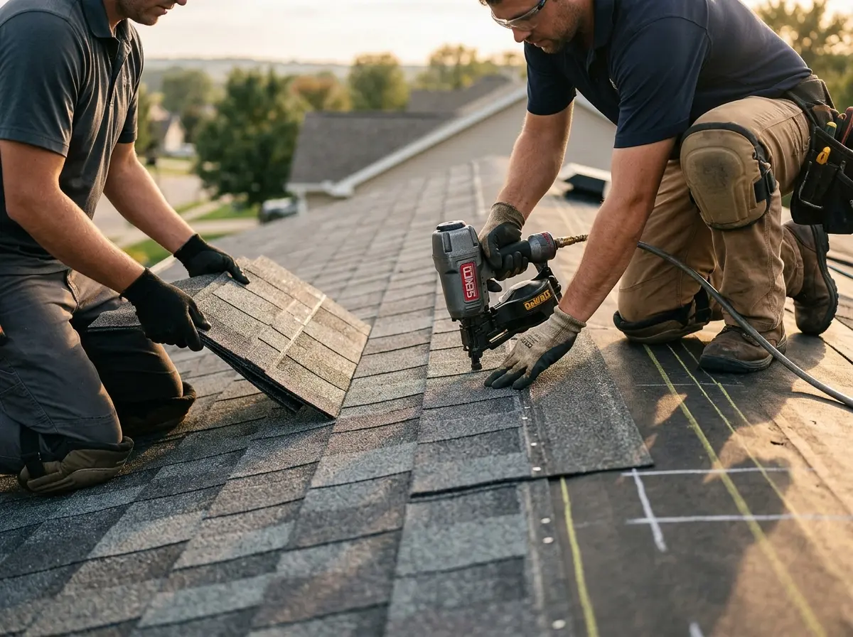 Professional roofer working on a residential roof in Sea Cliff